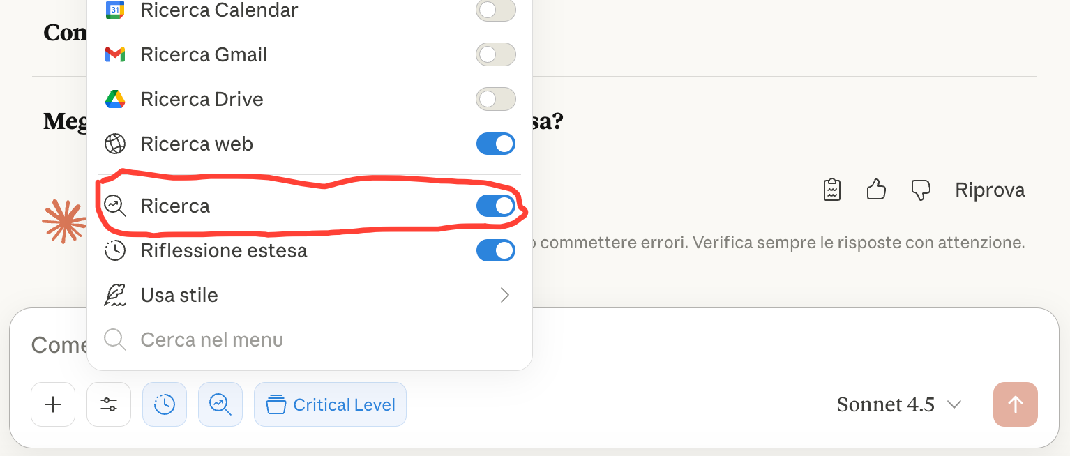 L'immagine mostra uno screenshot di come attivare la funzionalità deep research di Claude.Ai